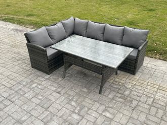 Fimous Outdoor Rattan Garden Furniture Corner Sofa Set with Rectangular Dining Table Patio Wicker Rattan Set in Dark Grey