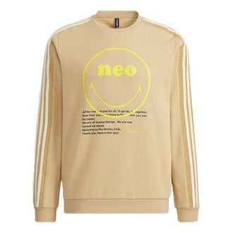 adidas Mens adidas neo x SMILEY Crossover Smly Swt Smiling Face Printing Stripe Sports Round Neck Pullover Khaki H45522