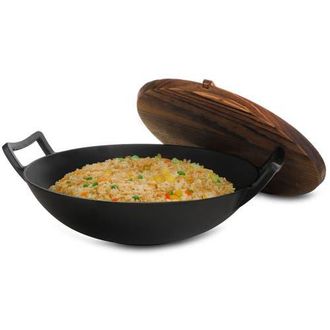 MegaChef 2 Piece 14 Inch Heavy Duty Cast Iron Wok with Wood Lid in Black at Nordstrom