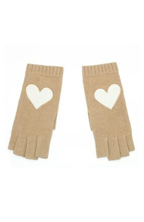 Portolano Cashmere fingerless gloves with heart patch in Light Camel/white at Nordstrom