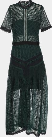 Self Portrait Green Wave Lace Midi Dress