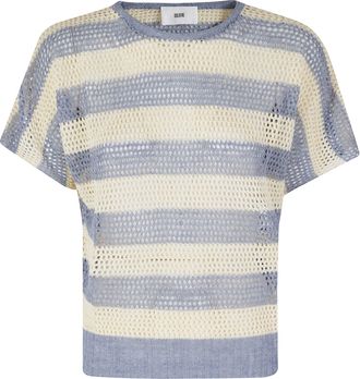SOLOTRE Milk Blue Striped Mesh Linen-Blend Short-Sleeve Sweater