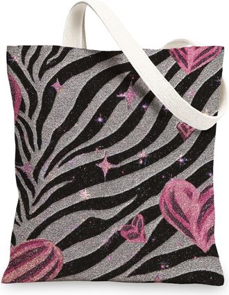 Generic Striped Horse Canvas Tote Bag, Elegant Reusable Shopping Bags, Sparkly Lightweight Shoulder Strap Bags 13x15 Inch