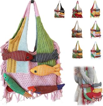 Generic 3D Fish Knitted Tote Bag,Bohemian Fringe Yarn Patchwork Shoulder Bag with Fish Decoration,Womens Cute Cartoon Fishes Handbag (Pink)