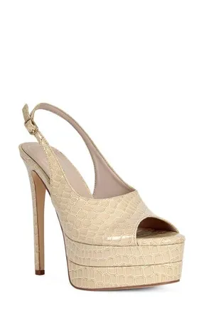 Azalea Wang Exactly Slingback Platform Peep Toe Pump in Taupe Multi at Nordstrom, Size 8.5