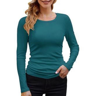 Generic Womens Long Sleeve Tops Lightweight Crewneck Slim Fitted Basic Layering T Shirts Casual Plain T-Shirt(Teal, S)