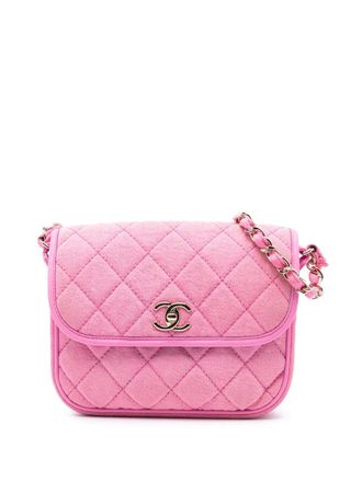 Chanel Borsa messenger CC piccola in denim trapuntato con battente e tracolla 2021 - Rosa