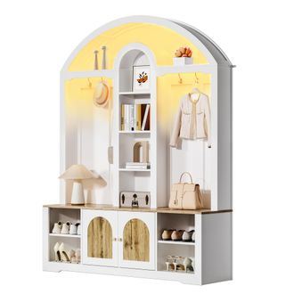 STILVORA Mueble De Recibidor Con 2 Puertas, 3 Nichos Y Ganchos, Con Tira Led Usb, Estilo N&oacute;rdico, En Mdf, 150&times;40&times;195 Cm, Blanco