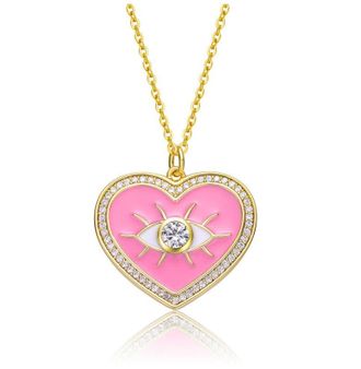 Rachel Glauber Young Adults/Teens 14k Yellow Gold Plated with Clear Cubic Zirconia Pink Enamel Heart Pendant