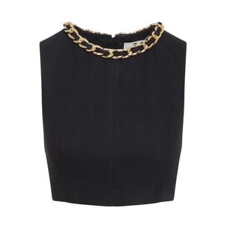 Elisabetta Franchi Sleeveless Tops, female, Black, Size: XS Linen-blend Top with Jewel Chain