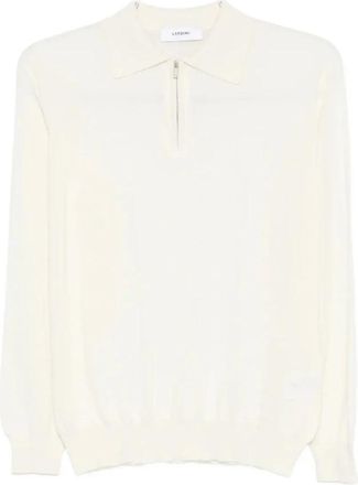 Lardini Polo met lange mouwen en rits - Heren - V-hals truien - Wit - 2XL - Wol - Truien & Vesten