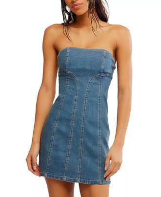 Free People Alexa Strapless Mini Dress In Stone Wash Blue