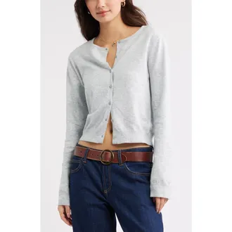 BP. Crewneck Cotton Blend Cardigan in Grey Fog Heather at Nordstrom, Size Xx-Small