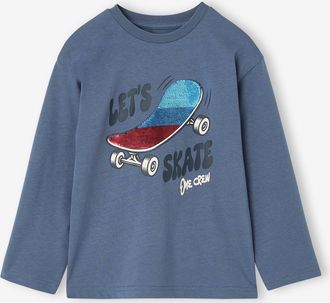 Vertbaudet Langarmshirt f&uuml;r Jungen mit Wendepailletten mittelblau