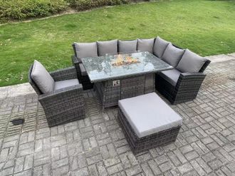 Fimous 8 Seater Outdoor Rattan Gas Fire Pit Sofa Dining Set Garden Furniture Heater Dining Table Chair Right Side in Dark Grey