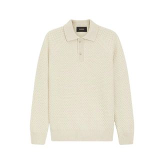 HUGO BOSS Polo Shirts, male, White, Size: XL Relaxed Fit Knitted Cashmere Sweater With Polo Collar