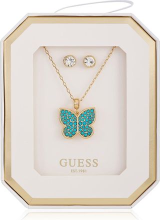 Guess Butterfly Pendant Necklace & Stud Earrings Set in Gold/blue at Nordstrom Rack
