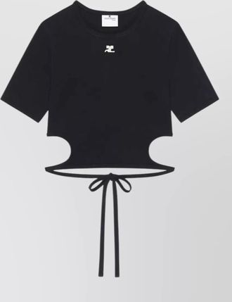 Courr&egrave;ges ribbon detail cropped contrast side cut t shirt