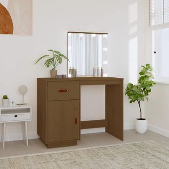 vidaXL Mesa Tocador Led Madera Maciza Pino Marr&oacute;n Miel 95x50x133,5 Cm Vidaxl