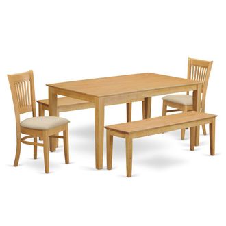 East West Furniture CAVA5C-OAK-C 5 Pc Dining room set - small Table and 2 Dining Chairs plus 2 Wooden benches
