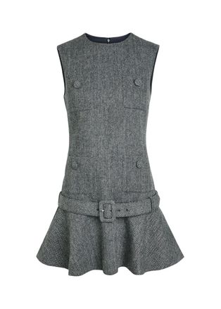 Self Portrait Herringbone Belted Wool-blend Mini Dress - Grey - 16 (UK16 / XL)