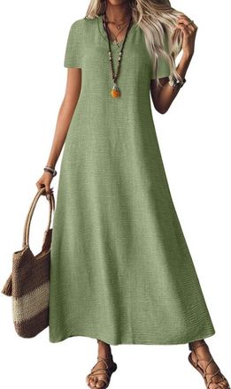 Generic Women Linen Sleeveless Dress White Midi Casual Solid Color V Neck Sleeveless/Short Sleeve Flowy Cotton Maxi Womens Summer (Green, M)