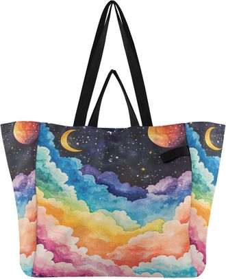 Generic Moon Star Cloud Black print Reusable Canvas Tote Bag, Heavy Duty Grocery Shopping Bag with Double Handles Large Capacity Hard Bottom Work Groceries Tr