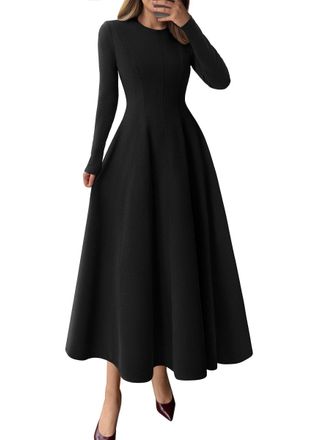PrettyGarden Womens Fall Long Sleeve Midi Dress 2025 Casual Elegant Ruffle Flowy A Line Swing Cocktail Party Dresses, Black, S