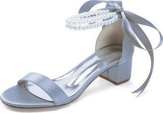 Generic Womens Low Open Toe Bridal Heels Chunky Heel Pearl Wedding Shoes Prom, Evening Party, Dress Pumps 4.5Cm,Silver,10 UK