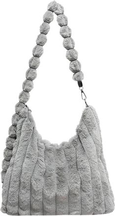 Generic Womens Plush Bags Large Capacity Plush Bag Womens Commuter Shoulder With Pendant Fluffy Tote(GRAY)