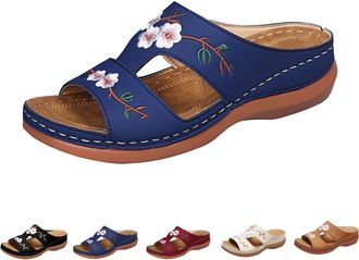 Generic Summer Slippers Women Slip on Sandals for Women UK Womens Orthopedic Shoes Comfy Sliders Summer Flat Leather Sandals Embroidery Flower Low Wedge Open 