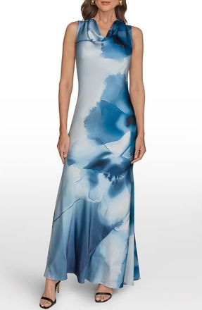 DKNY Printed Cowl Neck Gown in Washed Indigo at Nordstrom, Size 10