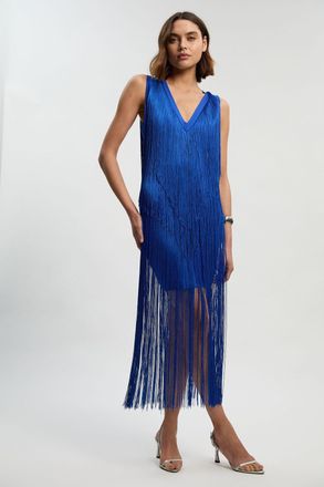 Karen Millen Womens Fringe Bandage V Neck Knit Midi Dress - Blue - Size 16 UK