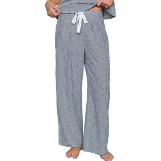 Eberjey Linen Blend Drawstring Lounge Pants in Gingham White/Navy at Nordstrom, Size X-Small