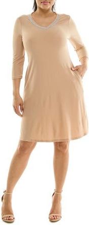Nina Leonard Rhinestone V-Neck Dress in Almond at Nordstrom Rack, Size X-Large