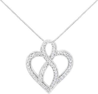 House of Brilliance 14K White Gold 1/4 cttw Round Cut Diamond Heart and Ribbon Center Pendant Necklace at Nordstrom