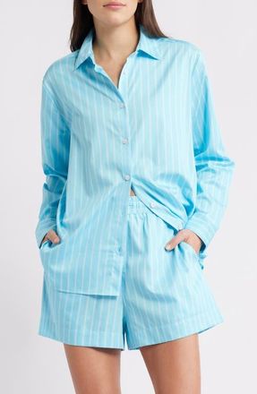 French Connection Alexis Stripe Poplin Shirt in 40-Blue Lagoon at Nordstrom, Size X-Small