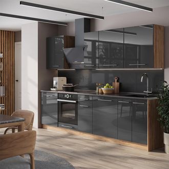 Vicco Mueble De Cocina Fame-line, Antracita Alto Brillo/roble Dorado, 280 Cm, Et M&aacute;rmol, Vicco