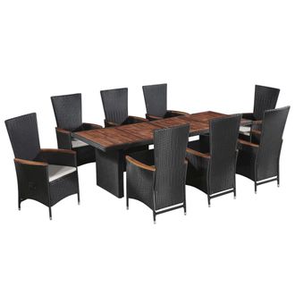vidaXL Set Comedor De Jard&iacute;n 9 Piezas Y Cojines Rat&aacute;n Sint&eacute;tico Negro Vidaxl