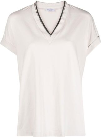 Brunello Cucinelli Monili-chain V-neck T-shirt - women - Cotton/Elastane - M - Neutrals