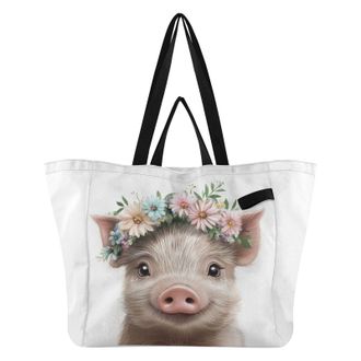 Generic Floral Pig White pattern Reusable Canvas Tote Bag, Heavy Duty Grocery Shopping Bag with Hard Bottom Large Capacity Double Handles Work Groceries Trave