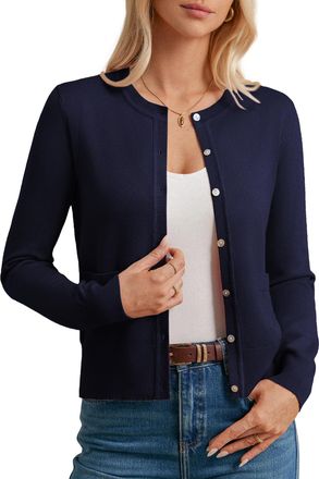 Grace Karin Womens Vintage Crew Neck Button Up Knit Bolero with Pockets Solid Color Loose Fit Tops Navy Blue XL