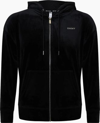 DKNY Womens Full Zip Hooded Cardigan With Rhinestone Logo - Black - Size: 18/16
