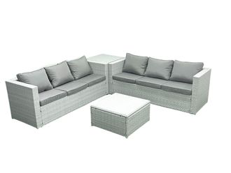 Fimous Rattan Garden Outdoor Furniture Set 6 Seater Rattan Garden Sofa Set with Side Table Light Grey Mixed