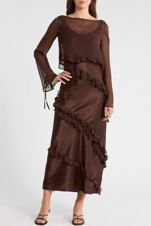 Damson Madder Carmen Ruffle Long Sleeve Satin Midi Dress in Chocolate at Nordstrom, Size 14 Us