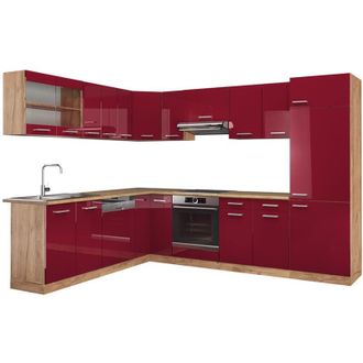 Vicco Cocina Esquinera R-line, Burdeos Brillo Intenso/roble Dorado, 227 X 287 Cm Sin Encimera, Vicco