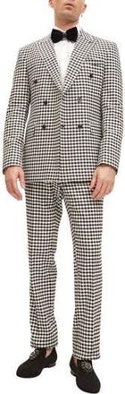 Ron Tomson Trim Fit Check Print Peak Lapel Double Breasted Suit in Black White Black at Nordstrom Rack, Size 40 Us / 50 Eu Regular