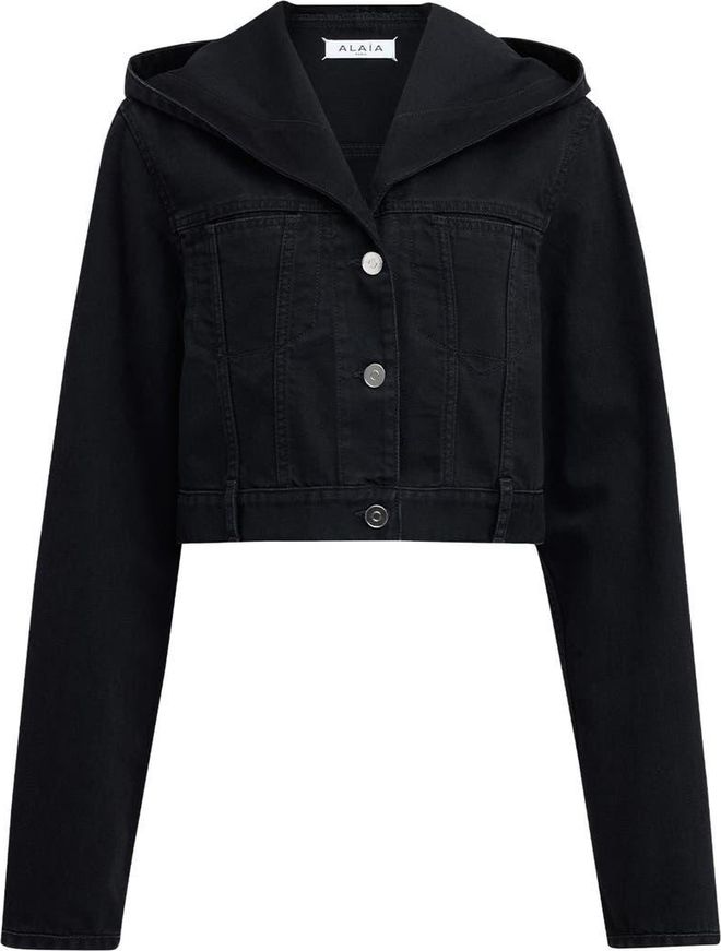 Crop Hooded Denim Jacket in Noir Alaia at Nordstrom, Size 8 Us