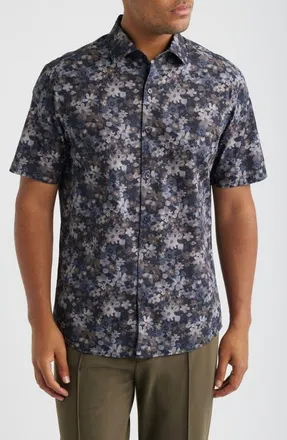 Robert Barakett Kyoto Floral Short Sleeve Cotton Button-Up Shirt in Black at Nordstrom, Size Xx-Large