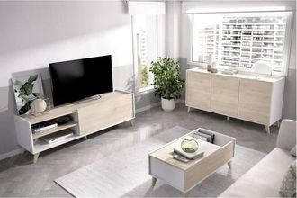 OEM Composici&oacute;n De Sal&oacute;n Con Mueble Tv + Aparador + Mesa De Centro, Blanco Y Natural - Ness 6 - Blanco Y Natural